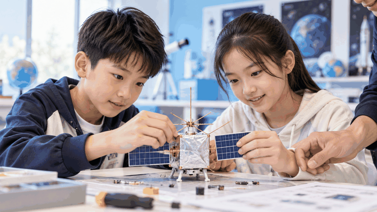 Students making a small satellite model
