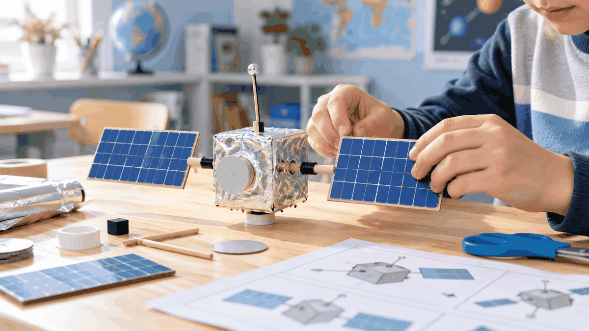Students building a small satellite model